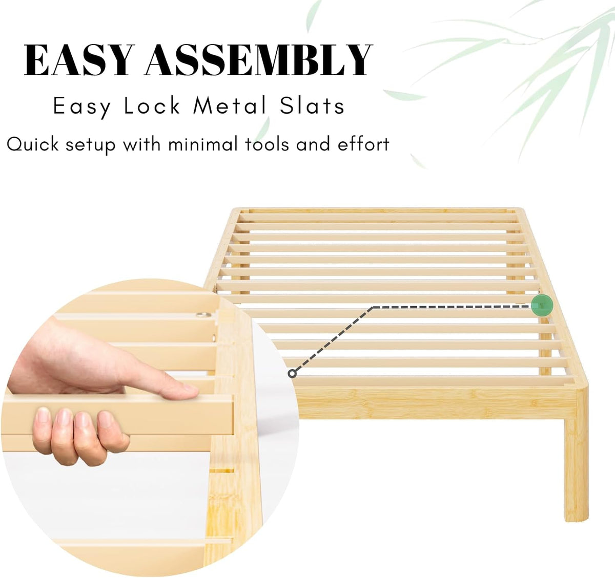 14 inch high bamboo wood twin bed frame, front angle view