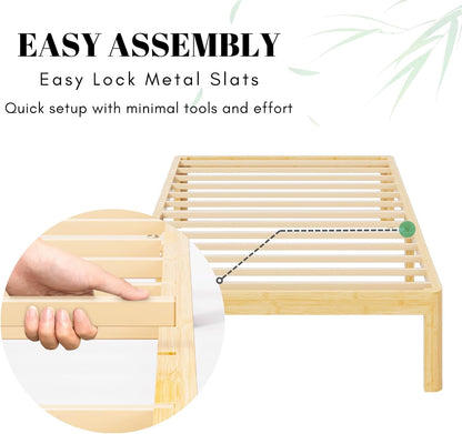 14 inch high bamboo wood twin bed frame, front angle view