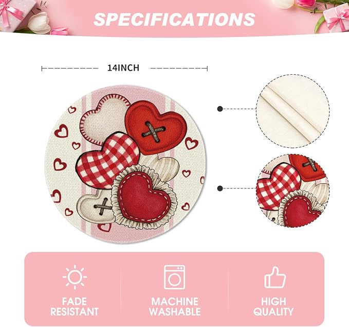Artoid Mode Heart-Shaped Buttons Valentine Round Placemats Set of 4, 14 Inch - Image 4