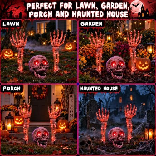 Halloween Skeleton Decorations Outdoor, Light Up Skull Head & Skeleton Hands Stake Lights with Red LED, Battery Operated Halloween Yard Decor for Lawn, Garden, Graveyard, Haunted House & Party