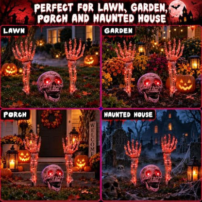 Halloween Skeleton Decorations Outdoor, Light Up Skull Head & Skeleton Hands Stake Lights with Red LED, Battery Operated Halloween Yard Decor for Lawn, Garden, Graveyard, Haunted House & Party