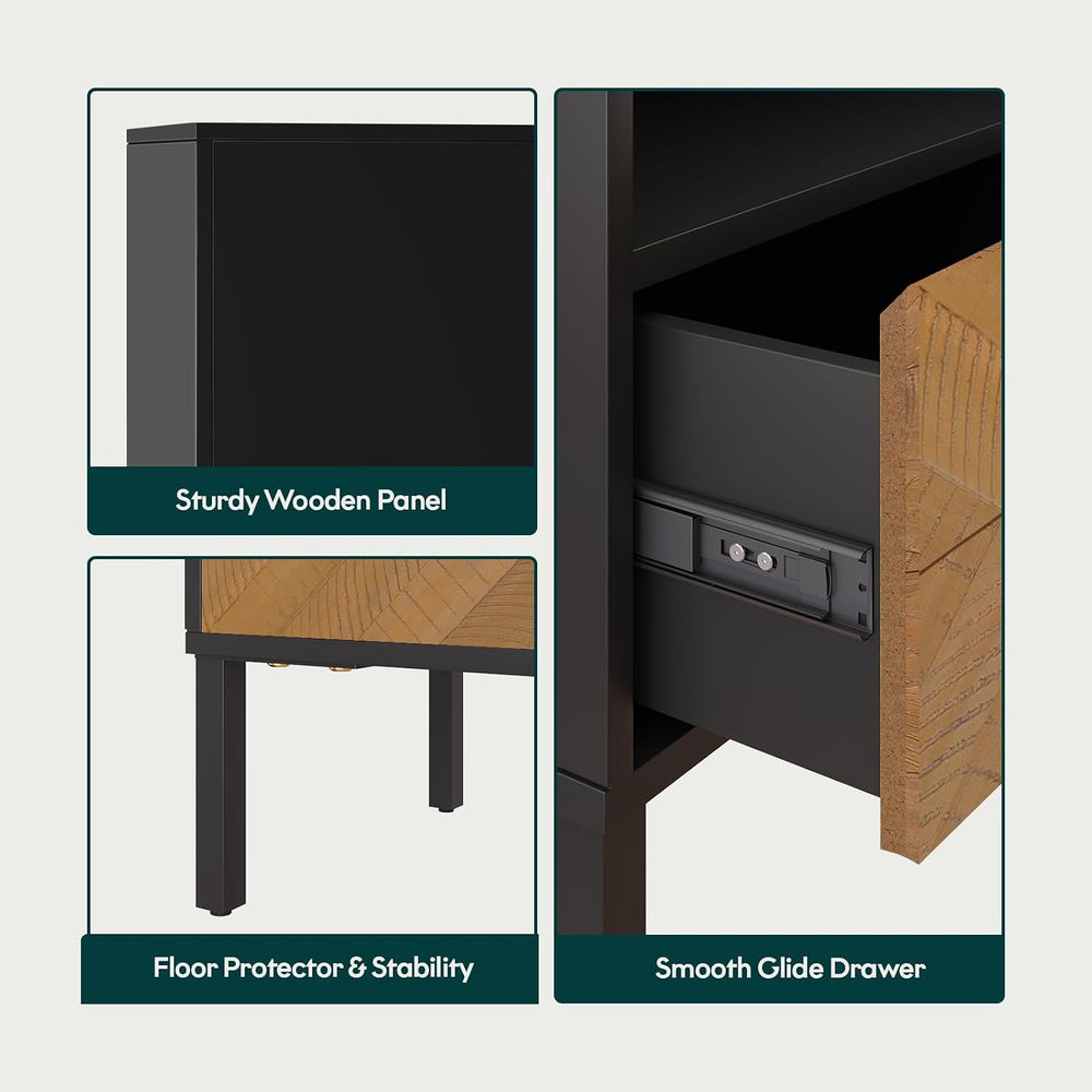 Bme Vivian Solid Wood Nightstand, End Table, Bedside Table with Herringbone P...