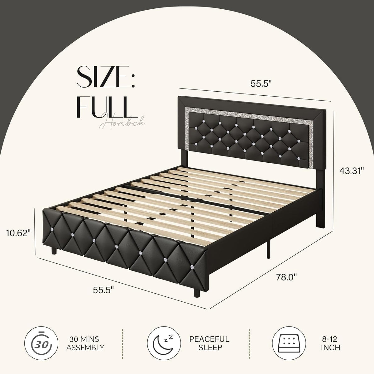 hombck full size bed frame, upholstered platform bed shown in use