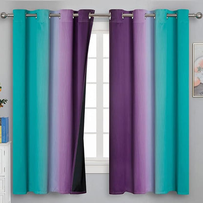 Teal and Purple Gradient Curtains 63 Inch Length 2 panels, Ombre and Wavy Line - Image 2