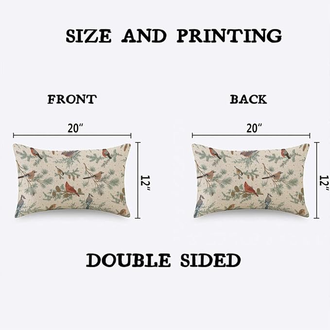 TKS MITLAN Winter Birds Pillow Covers 12 x 20 Inch Green Botanical Sparrow Red - Image 2