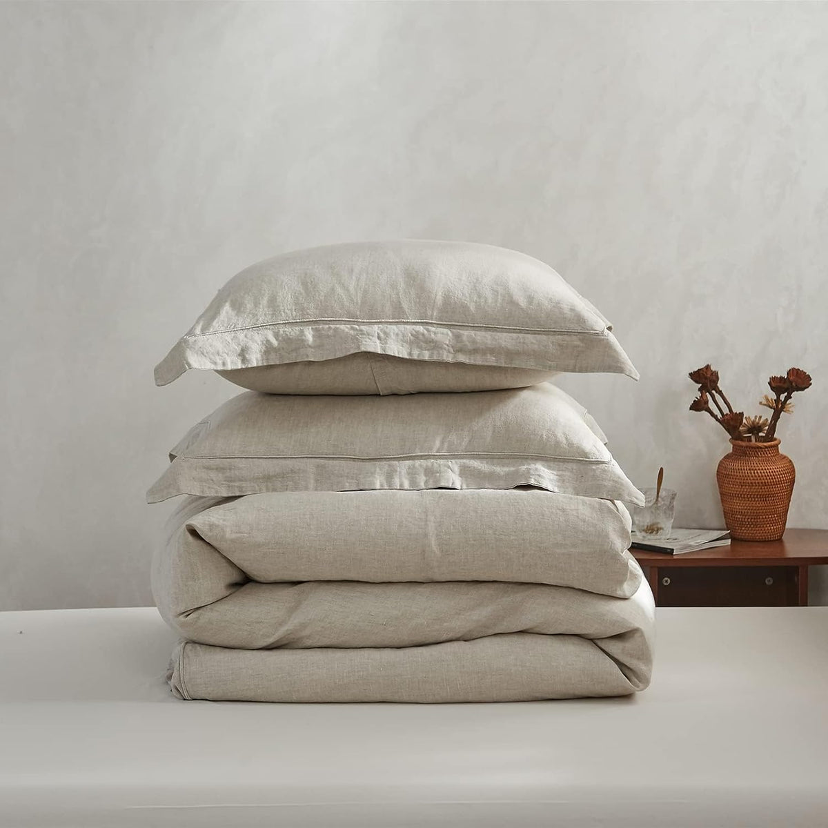 simple&opulence 100% french flax linen duvet cover set on a desk or shelf