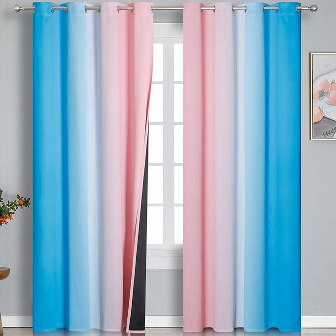 Pink and Blue Blackout Curtains 84 Inches Long, Ombre and Wave Line Pattern by ESTELARTEXTILER