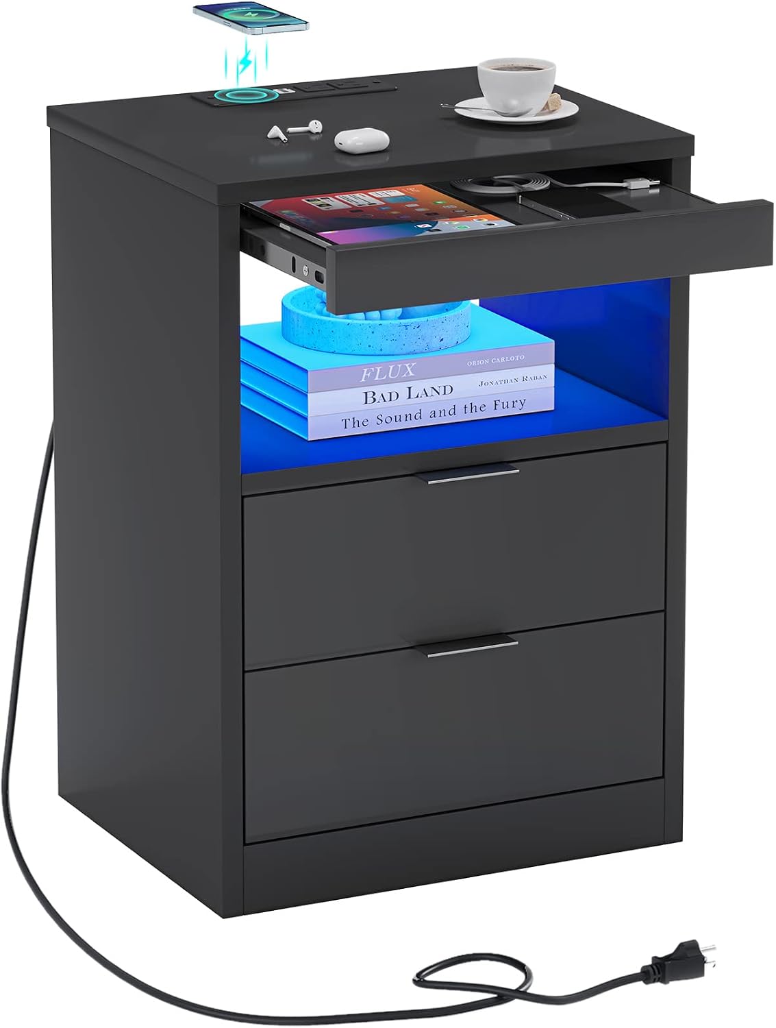 adorneve black led nightstand with wireless charging station shown in use