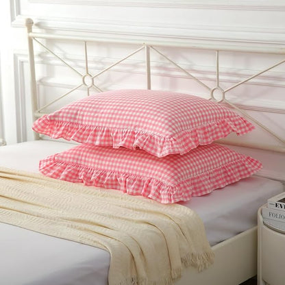 Vintage Light Pink Plaid Ruffle Pillow Shams Standard Size Set of 2, Washed - Image 3