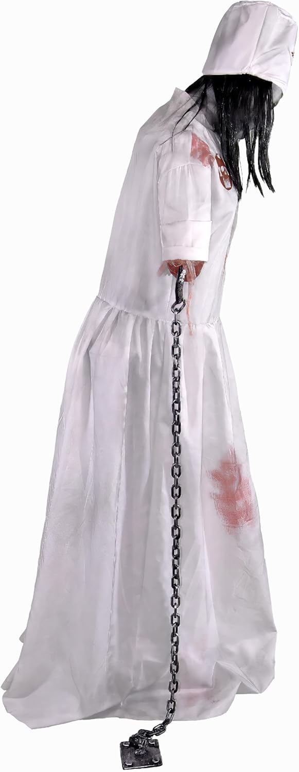 Haunted Hill Farm Life-Size 5.2-Ft Animatronic Convulsing Nurse by Tekky Halloween Decoration with Motion-Activated Sounds