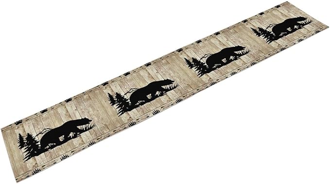 Bear Table Runner, Wild Animals Rustic Cabin Forest Bear Print Wooden Board - Image 8