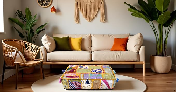CRAFT KALA Indian Square Patchwork Traditional Pouf Cover Indian Living Room - Image 3