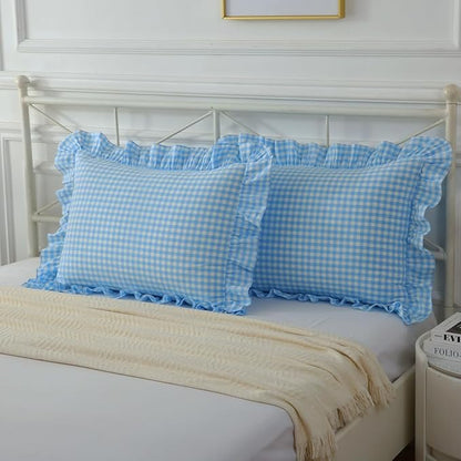 Vintage Sky Blue Plaid Ruffle Pillow Shams Standard Size Set of 2, Washed by Mywinlle