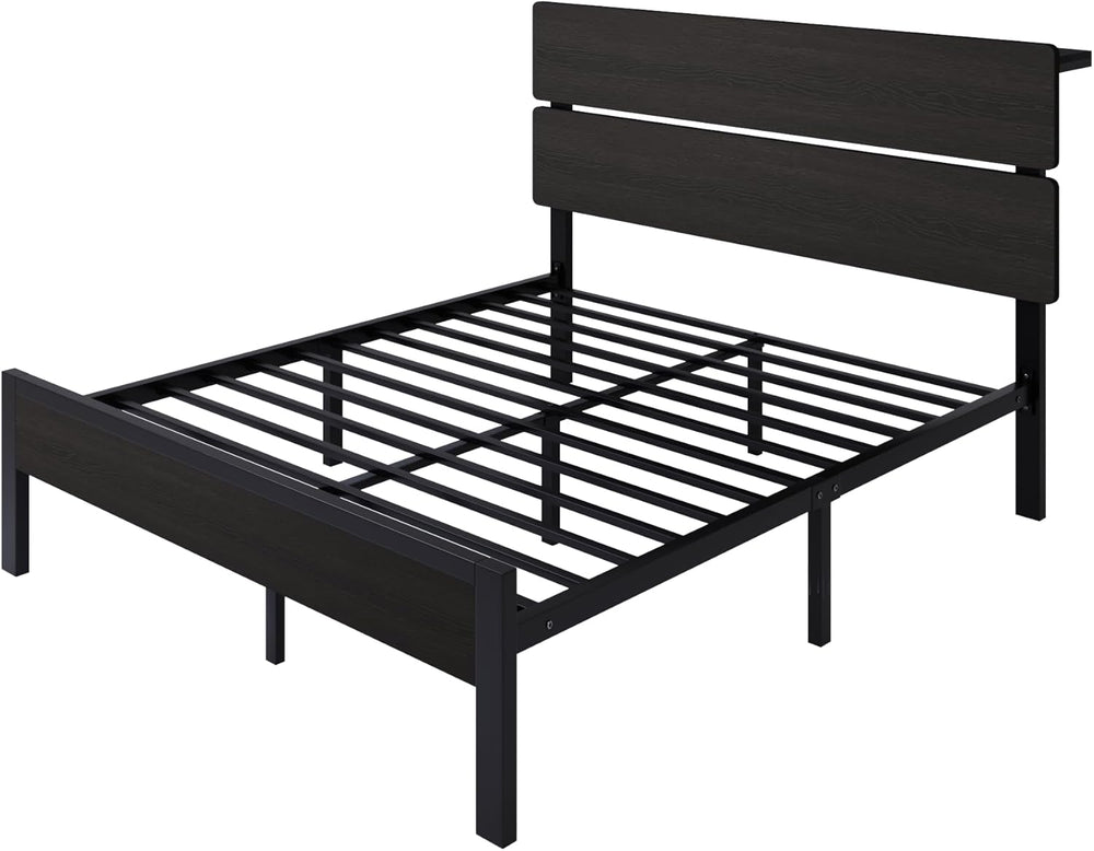 SHA CERLIN Queen Size Bed Frame, Led Light, Charging Station, Storage Shelf