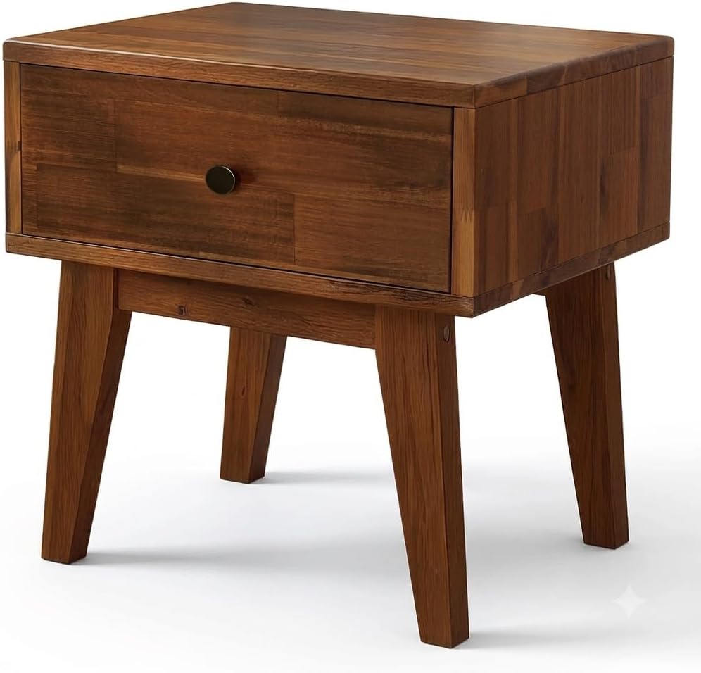 Acacia Sofia Nightstand with Drawer, Bedside Table, Solid Wood Bedside End Ta...