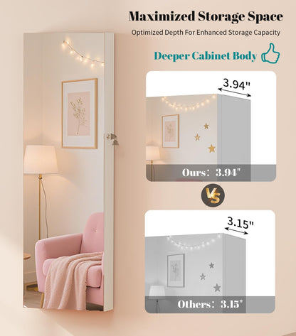 vlsrka led mirror jewelry cabinet, over door/wall mounted, front angle view