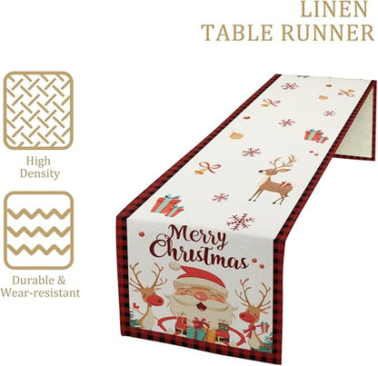 Merry Christmas Table Runner, Santa Claus Elk Snowflake Linen Table Runner - Image 3