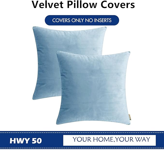 HWY 50 Light Blue Velvet Throw Pillow Covers 22x22 Inch - Image 6