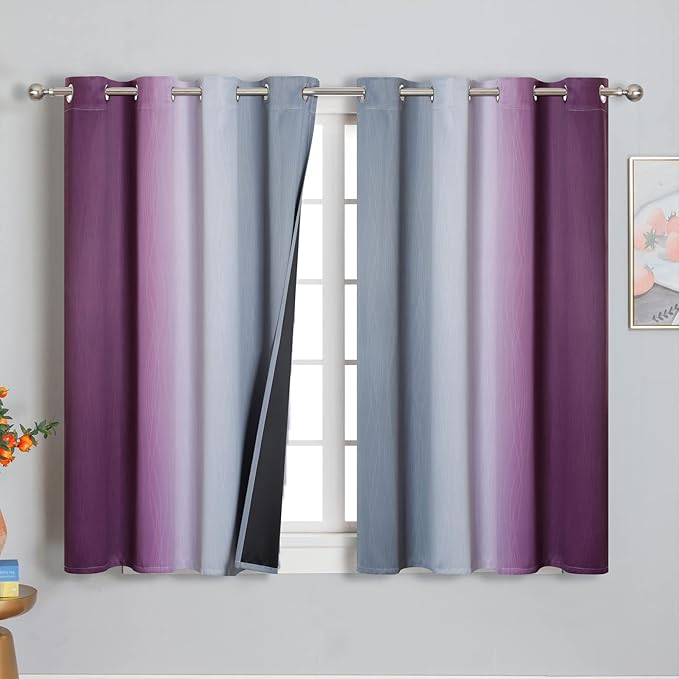 Purple and Grey Blackout Curtains 45 Inches Long, Ombre and Wavy Line Pattern by ESTELARTEXTILER