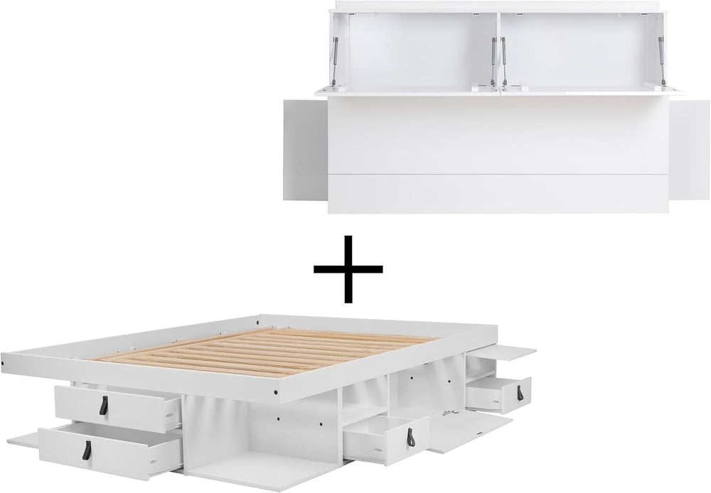 memomad Bali Chest Set: Bed + Storage Headboard, Queen Size, Matte White