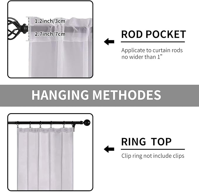 Sheer Curtains 54 Inches Long 2 Panels, Rod Pocket Short Curtain - Image 2