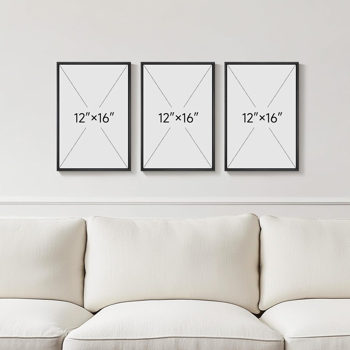 framed neutral 3 piece minimalist canvas wall art showing dimensions