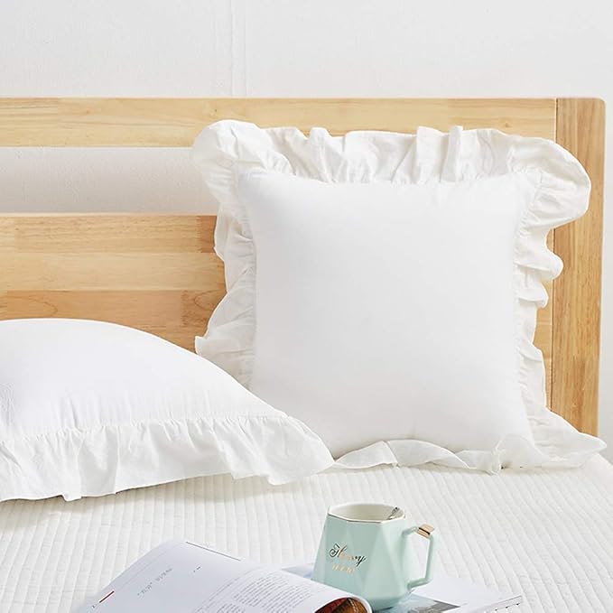 Vintage Off White Ruffle Euro Shams Shabby Farmhouse Pillow Cover 100% Washed by Mywinlle