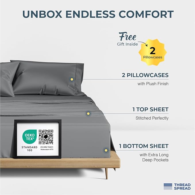 THREAD SPREAD 100% Egyptian Cotton King Size Sheets Set - Image 3