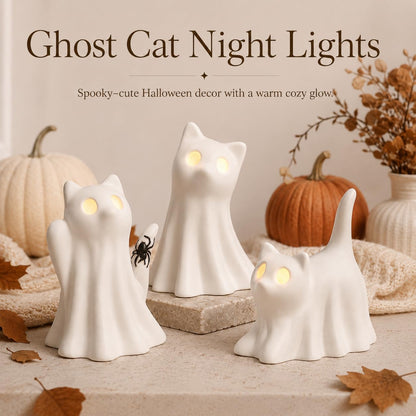 3PCS Ceramic Ghost Cat Light Up Decor Cat Ghost Halloween Decor