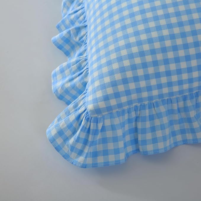 2 Pack Vintage Sky Blue Plaid Ruffle Throw Pillow Covers, Washed Cotton - Image 5