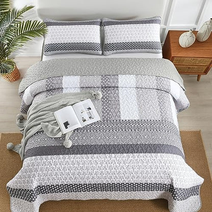 wongs bedding grey queen size quilt set, boho shown in use