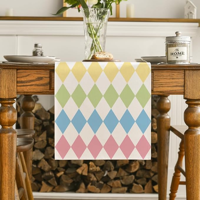 Artoid Mode Diamond Plaid Pink Blue Easter Table Runner, Seasonal Spring Summer - Image 2