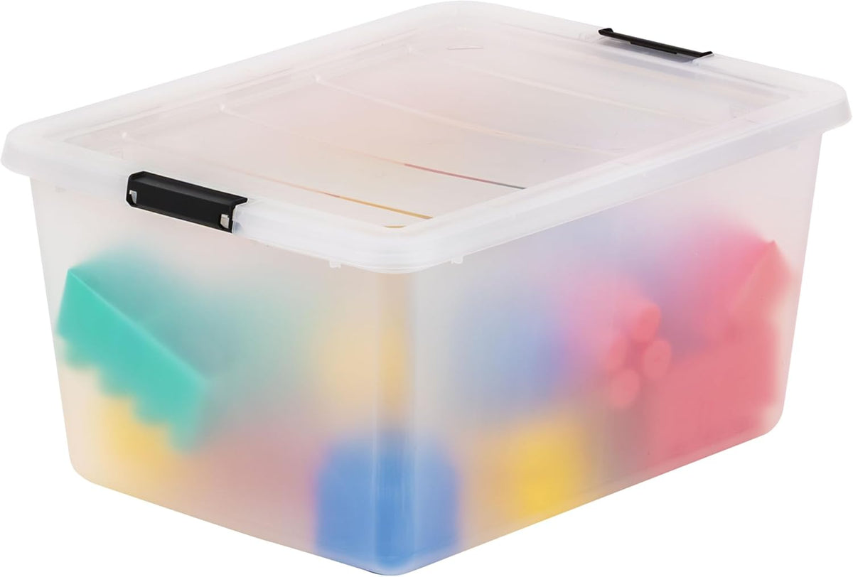 iris usa 6-pack 32.5 quart clip box with on a desk or shelf