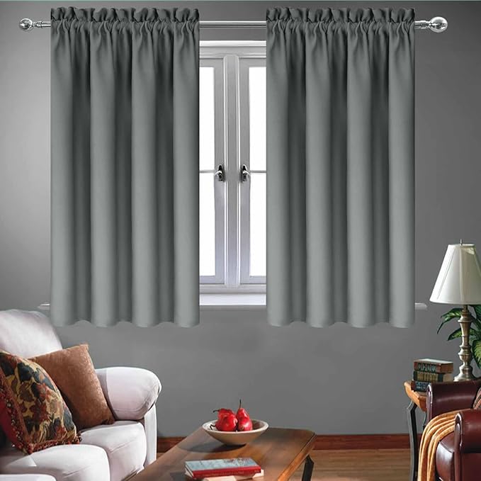 Grey Kitchen Curtains for Windows 2 Panels Set Short Blackout Curtains 48 Inch by HighQualityCurtains