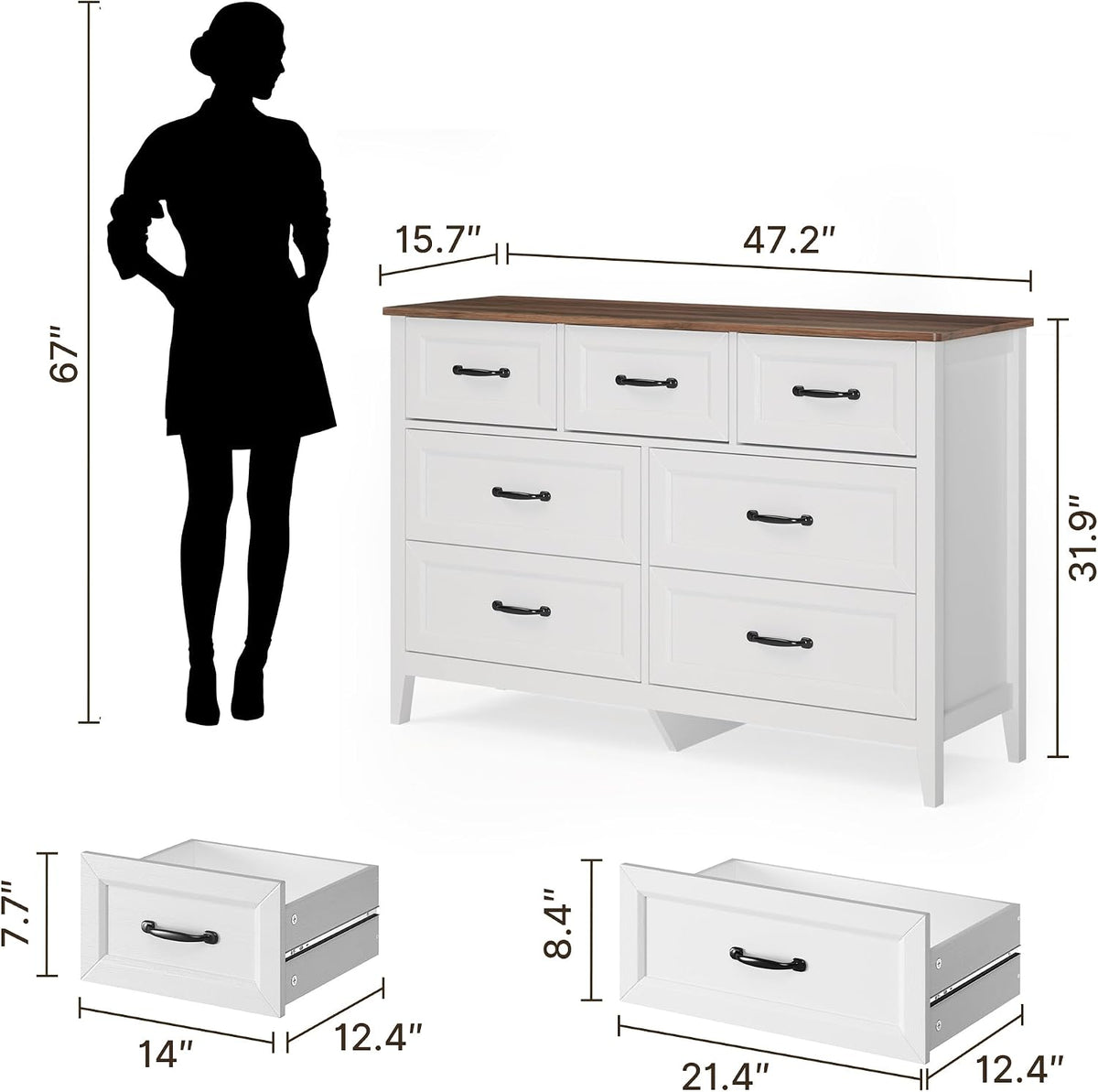 gizoon farmhouse 7 drawers dresser, white chest of shown in use