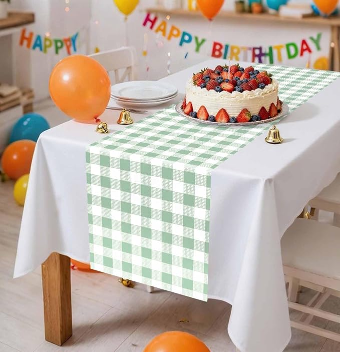 3 Pcs Sage Green and White Checkered Table Runner Plastic 14 x 108 Disposable - Image 2