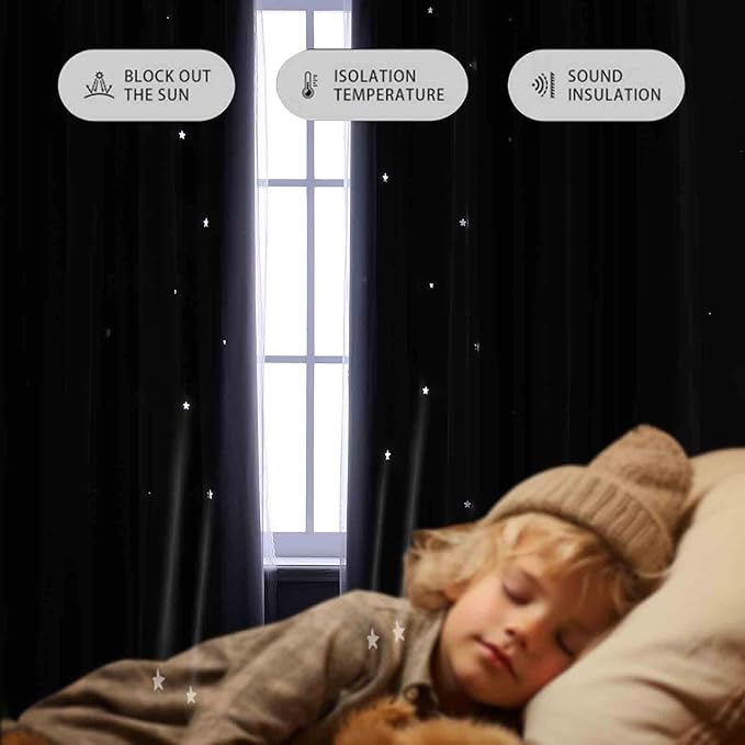 Anytime Romantic Kids Curtain, Hollow-Out Stars Window Curtain Double Layer - Image 4