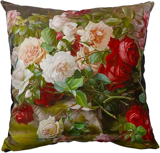 Vintage European Roses Still Life Throw Pillow Cover, 18x18 Inch Decorative by whooplaArt