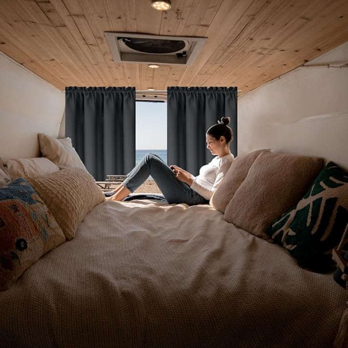 Black Kitchen Curtains for Windows 2 Panels Set 48 Inch Length Blackout Short - Image 4