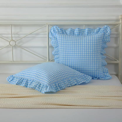 2 Pack Vintage Sky Blue Plaid Ruffle Throw Pillow Covers, Washed Cotton - Image 2