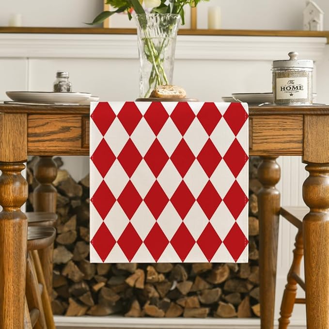 Artoid Mode Diamond Plaid Red Valentine Table Runner, Seasonal Spring Summer - Image 2