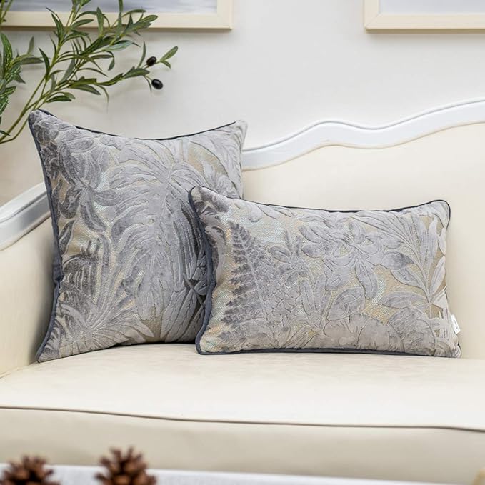 Alerfa 20 x 20 Inch Gray Silver Square Maple Leaf Pillow Embroidery Cut Velvet - Image 4