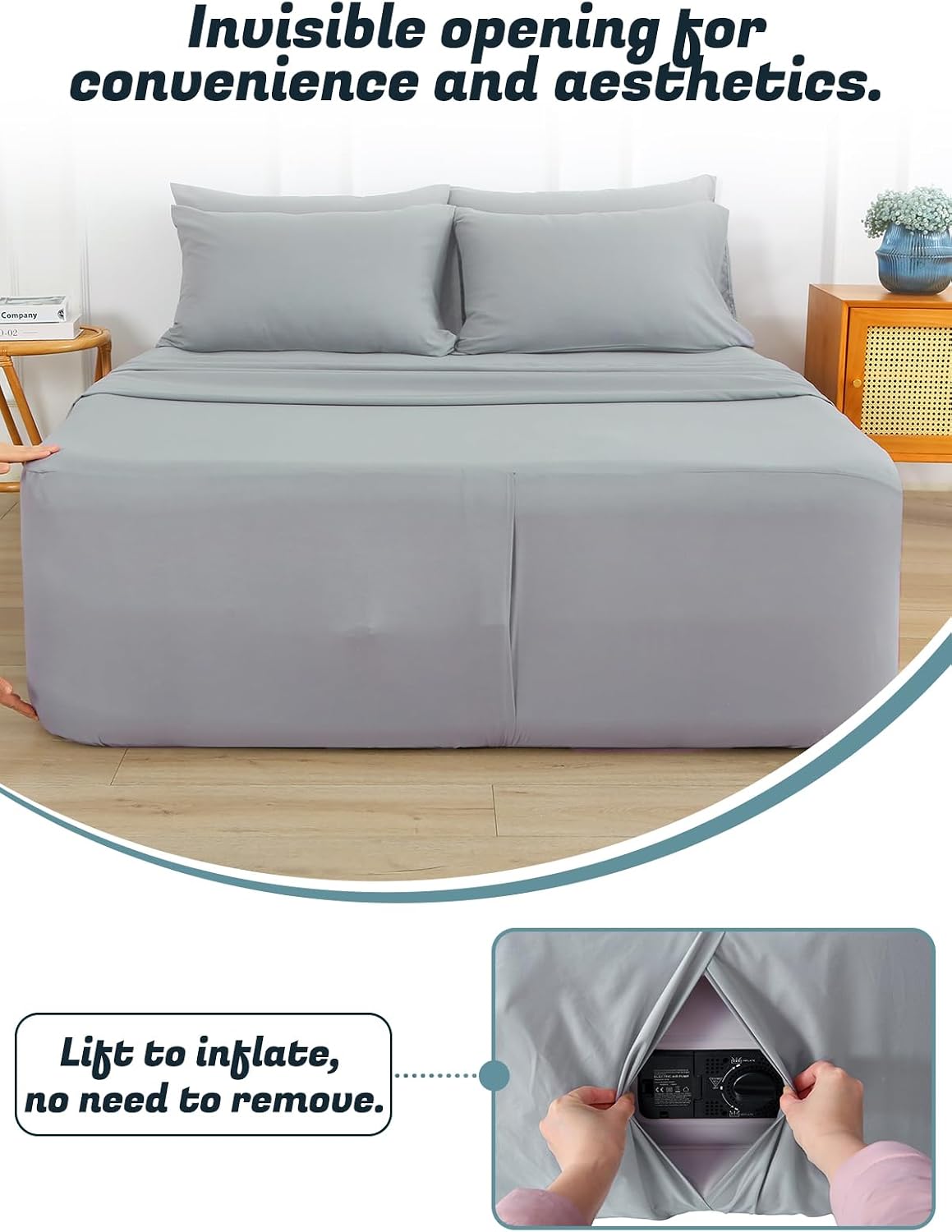 air mattress sheet set with pump hole, 18-24 shown in use