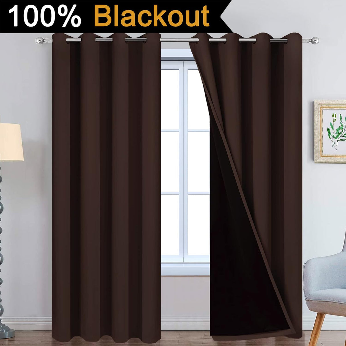 yakamok chocolate brown blackout curtains 84 inches long shown in use