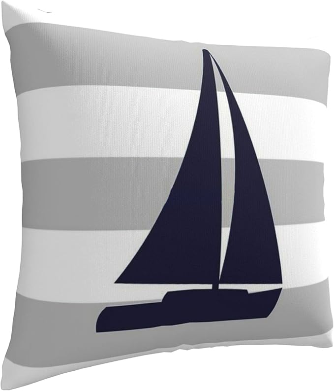 Myshe Square Nautical Navy Blue Sailboat On Silver Gray Stripes Throw Pillow - Image 2