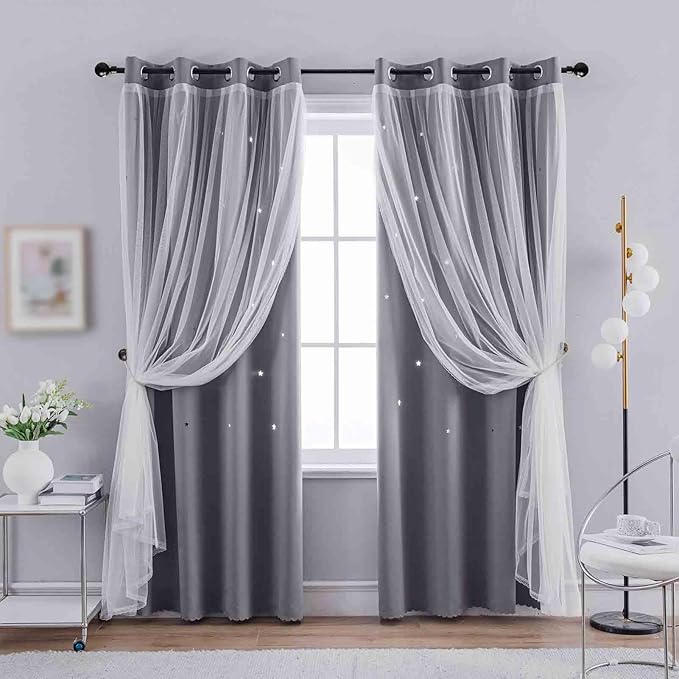 Anytime Romantic Kids Curtain, Hollow-Out Stars Window Curtain Double Layer by Anytime