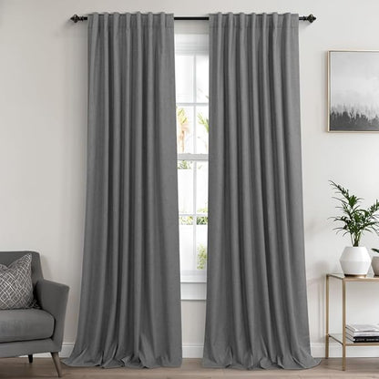 KOUFALL Grey Curtains 132 Inches Long Blackout Linen Back Tab Black Out Pleated - Image 9