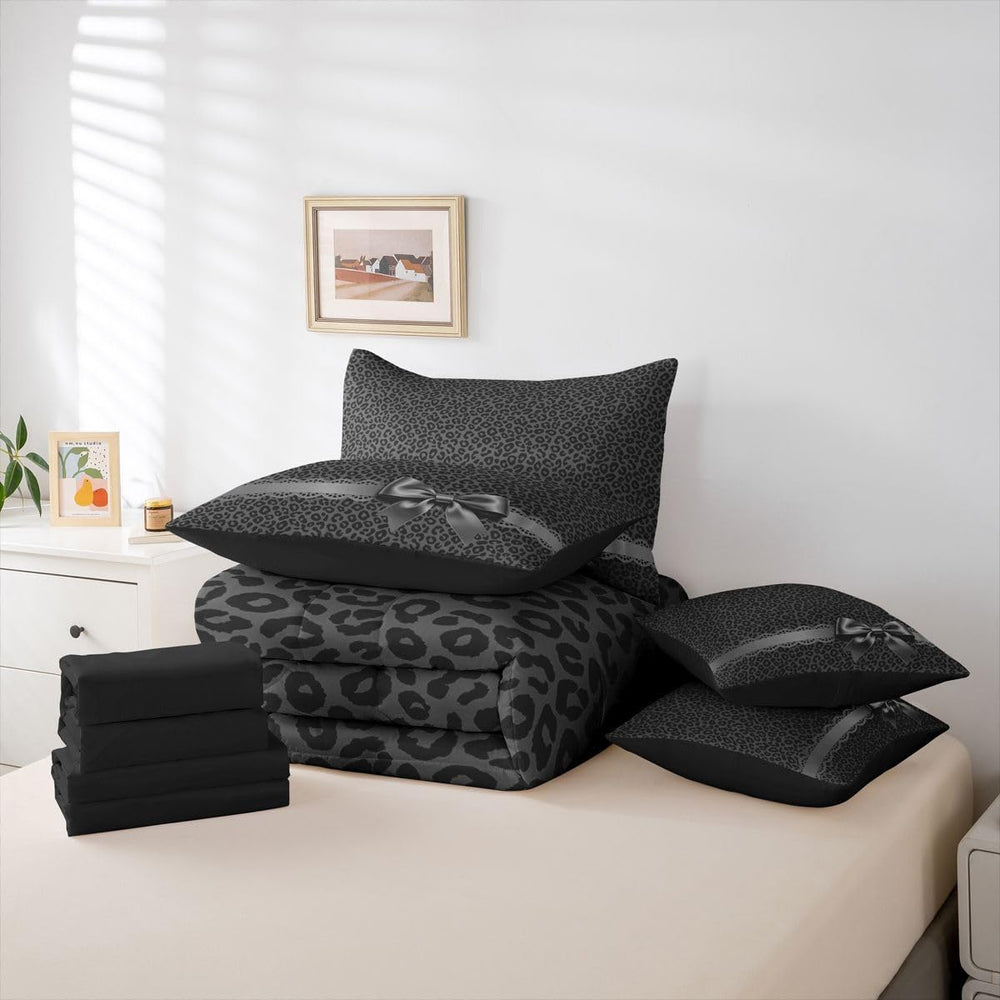 Erosebridal Leopard Print Comforter Set Queen 7 Piece Bowknot Black Cheetah