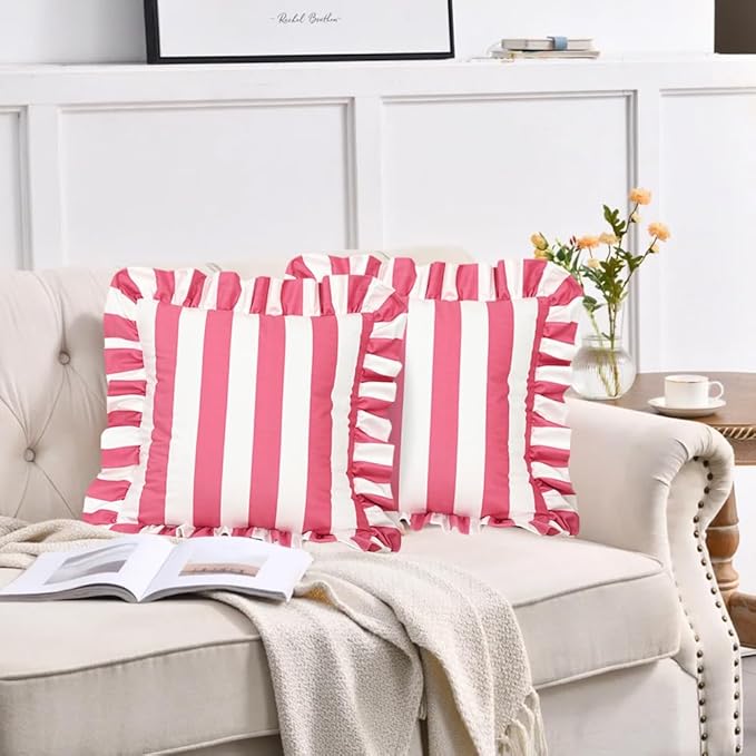vctops Ruffle Square Throw Pillow Covers Boho Pink and White Striped Decorative - Image 2