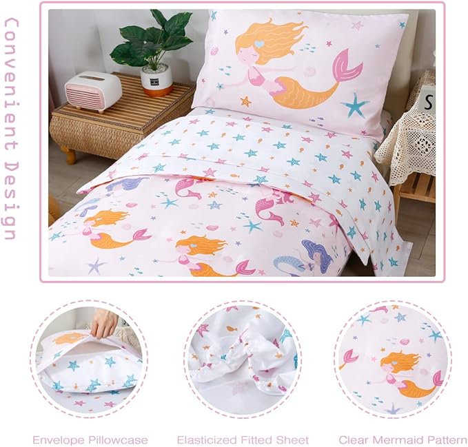 PERFEMET Toddler Bedding Sets Girls 4 Pieces Pink Mermaid Toddler Bed in A Bag - Image 5